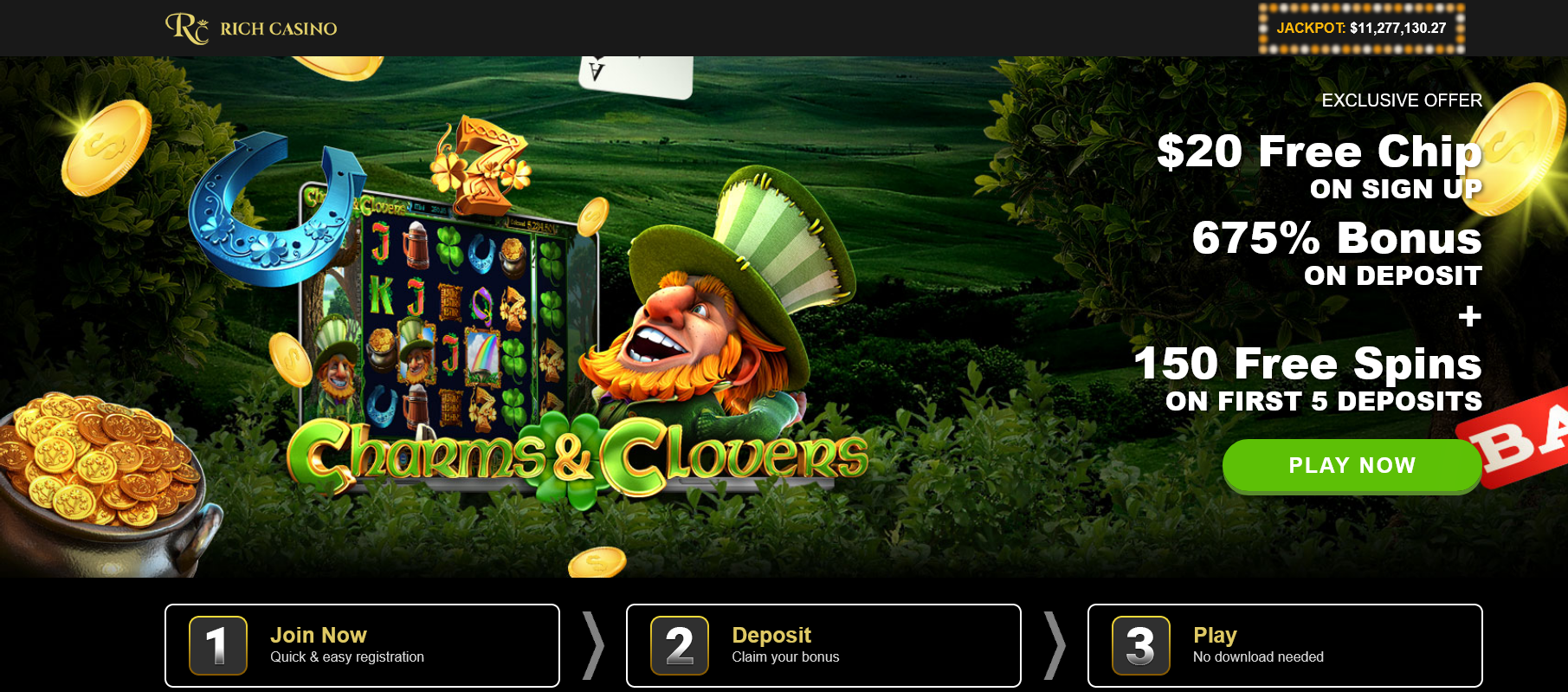 Rich Casino - Charms Left - 65 FS on SU + 750 Free Spins on First 5 Deposits + 675%