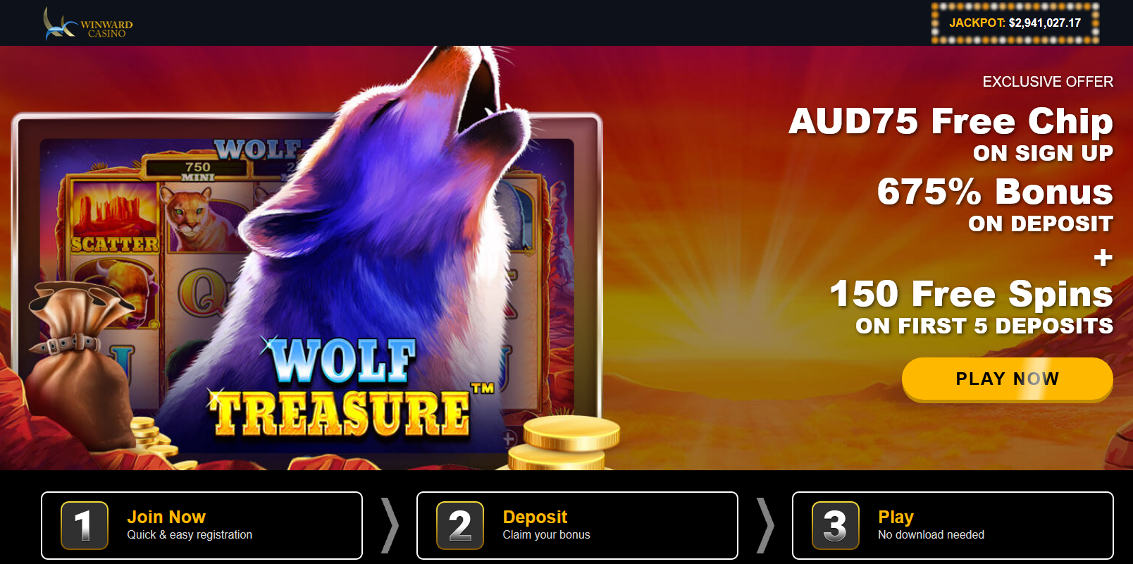 Winward Casino - Wolf New 2 - Jackpot - 75 FC on SU + 750 Free Spins on First 5 Deposit