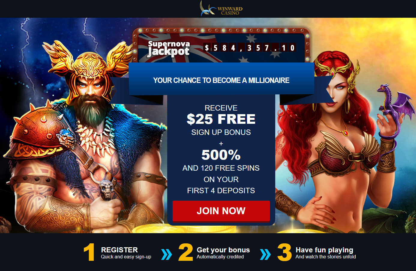 Winward Casino-Receive $25 Free Sign Up Bonus + 500% and 120 free spins on your first 4 deposits